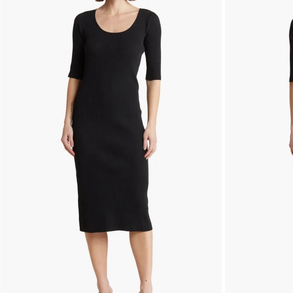 Vince Scoop Neck Elbow Length Sleeve Rib Dress